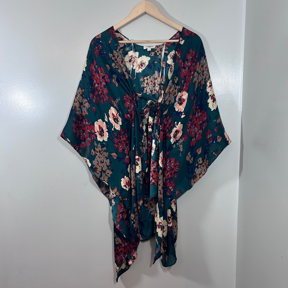 Umgee USA Floral Kimono Top Forest Green Boho Tie Front Butterfly Sleeve S